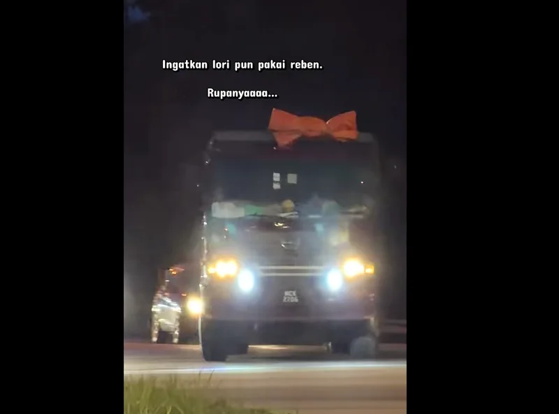 Heavy duty truck goes viral for sporting feminine, red ribbon on the road